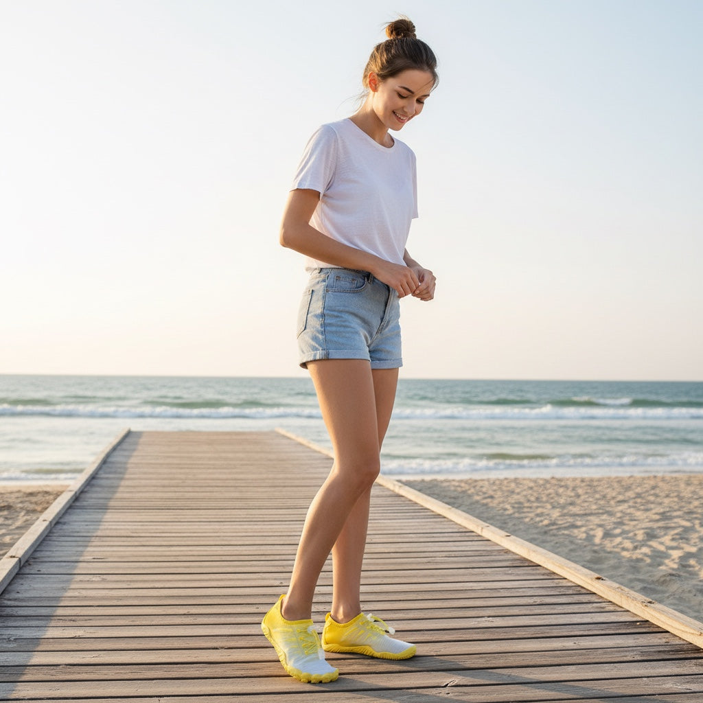 Woman wearing yellow barefoot water shoes while walking along a beach boardwalk